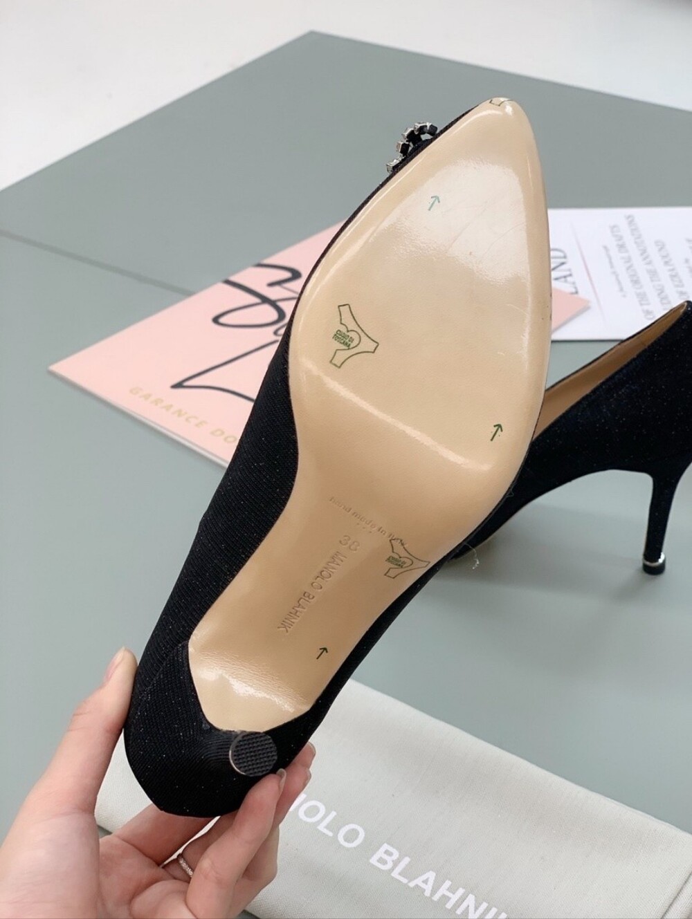 Manolo Blahnik Square Crystal Buckle Black High Heels - Picture 6 of 6
